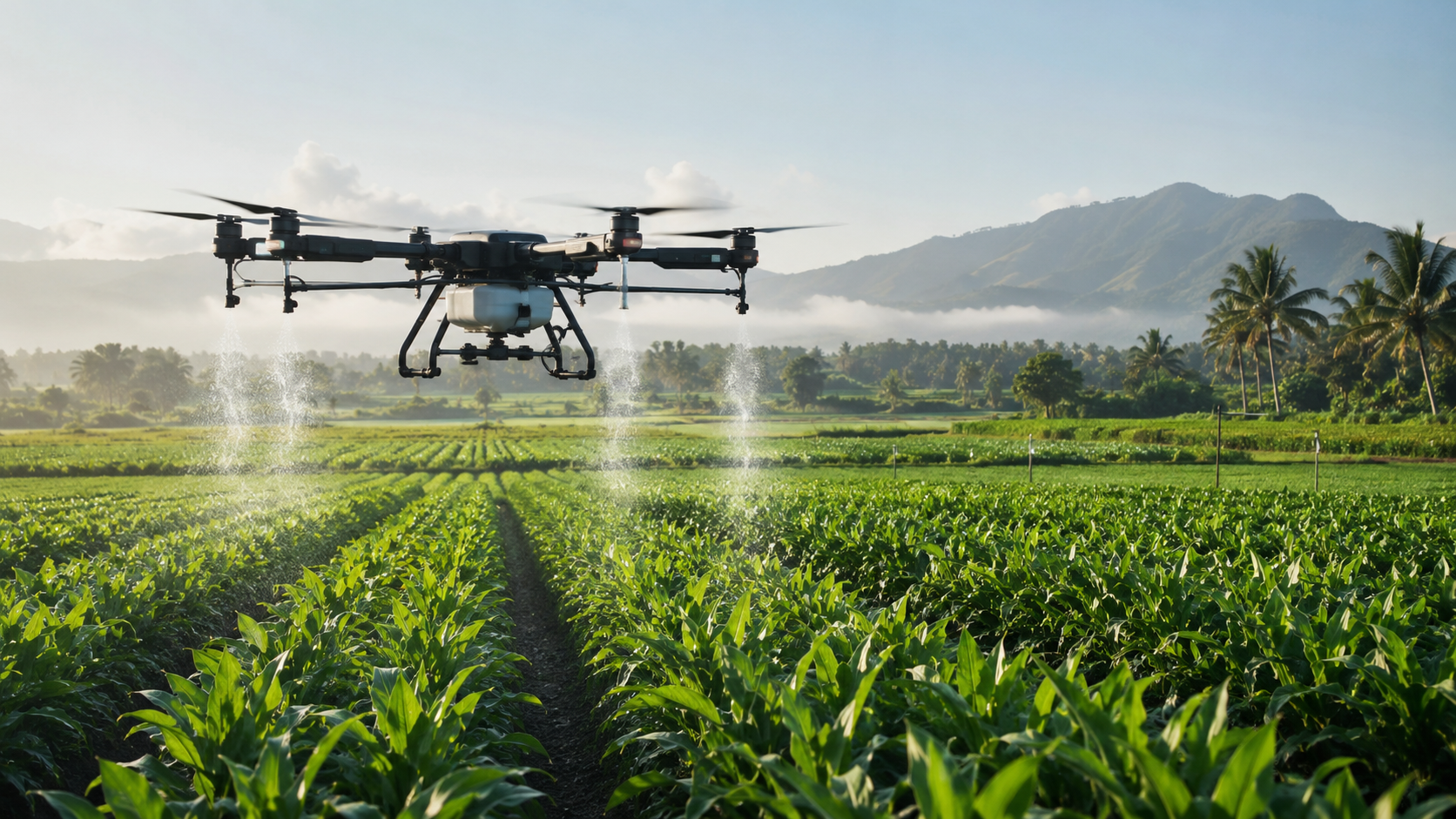 Civilian agricultural drone operating above productive fields