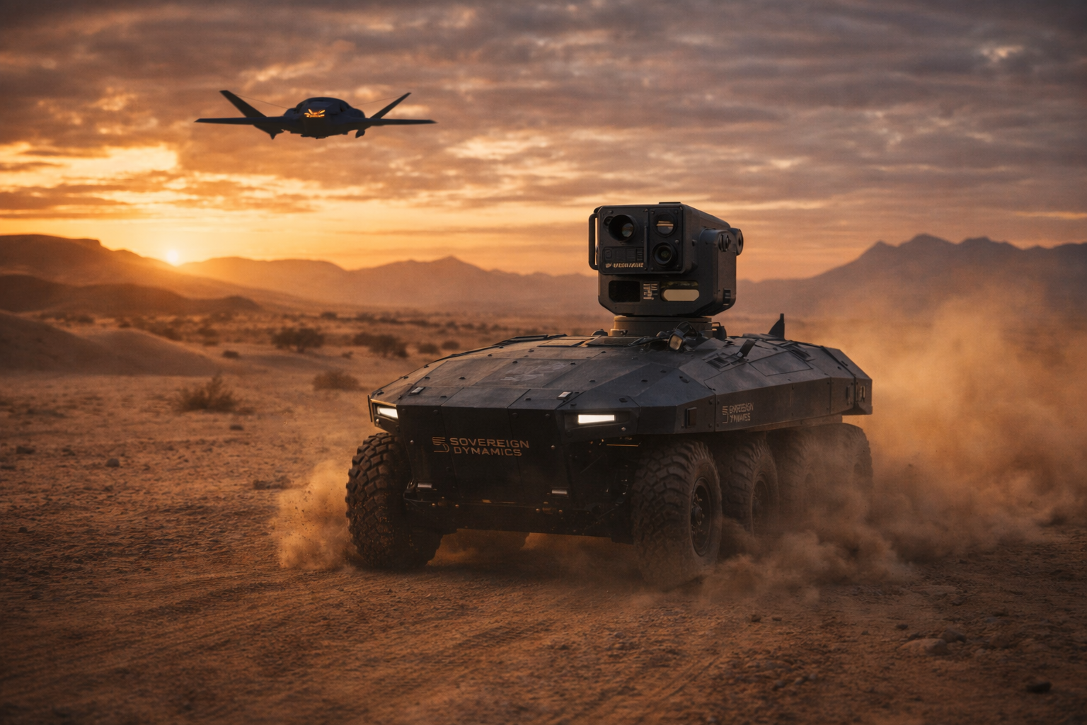 Sovereign Dynamics Ground Autonomy Unmanned Ground Vehicle (UGV) actively patrolling heavy infrastructure perimeters.