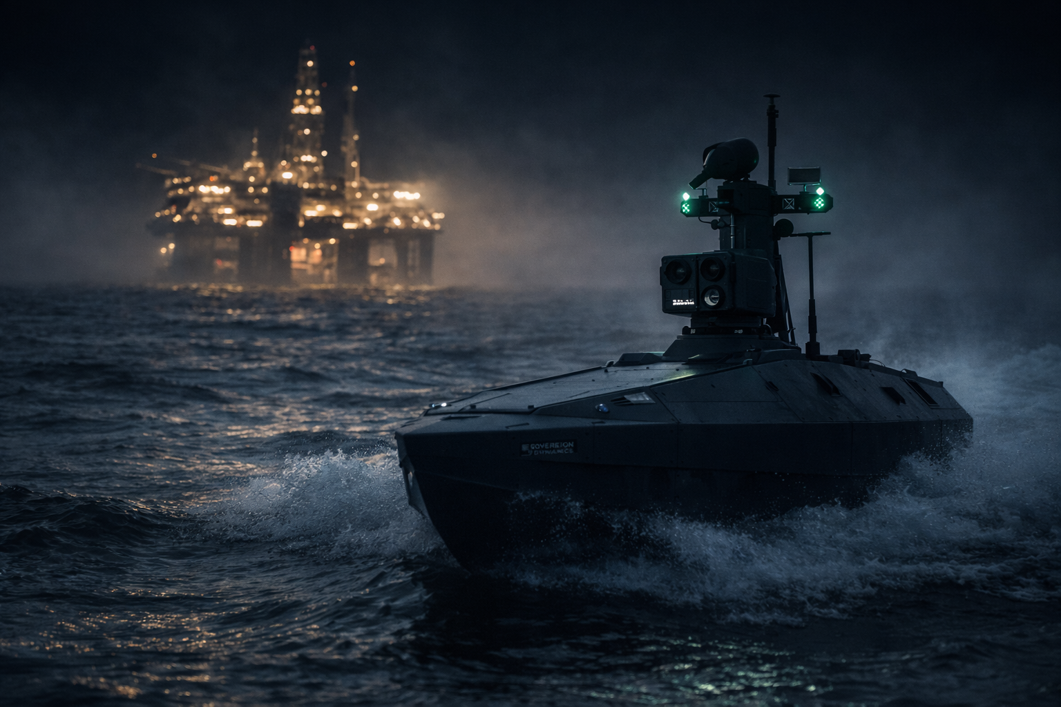Sovereign Dynamics Maritime Unmanned Surface Vehicle (USV) securing naval infrastructure.
